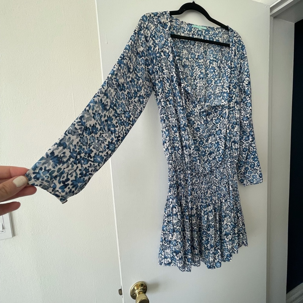 Lulu’s Blue Floral Mini Dress - Long Sleeve - Elastic Waist - Size Medium